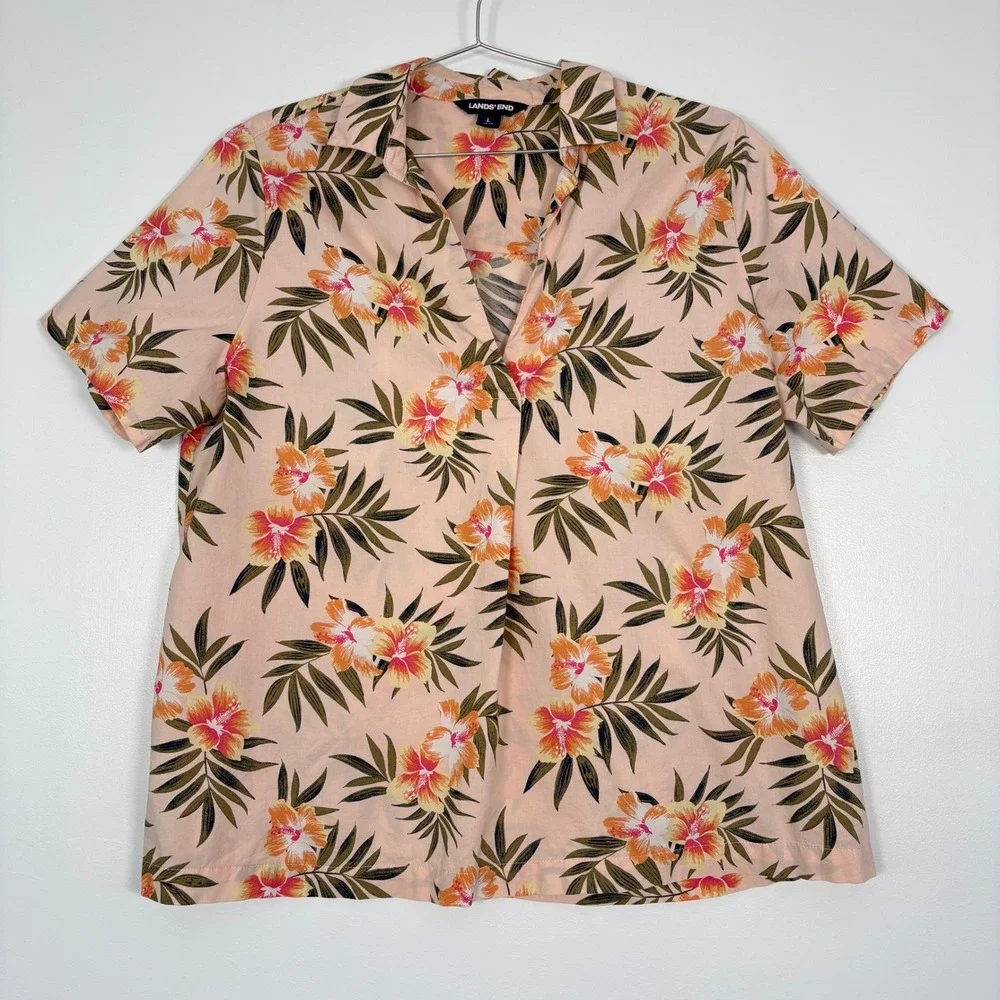 Lands' End Women Top L Peach Pink‎ Tropical Hibiscus Floral Short Sleeve Cotton